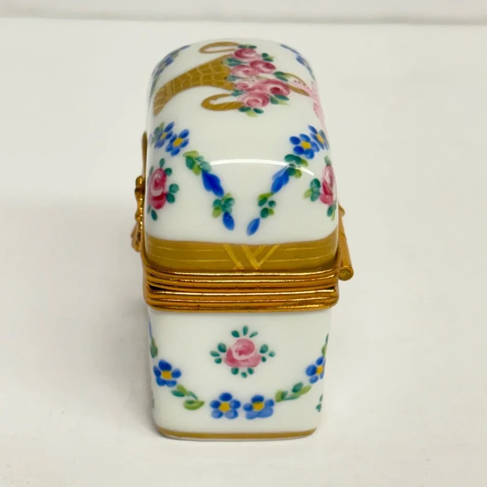 Vintage Limoges Trinket Box Two Glass Bottles Hand Painted Floral Porcelain